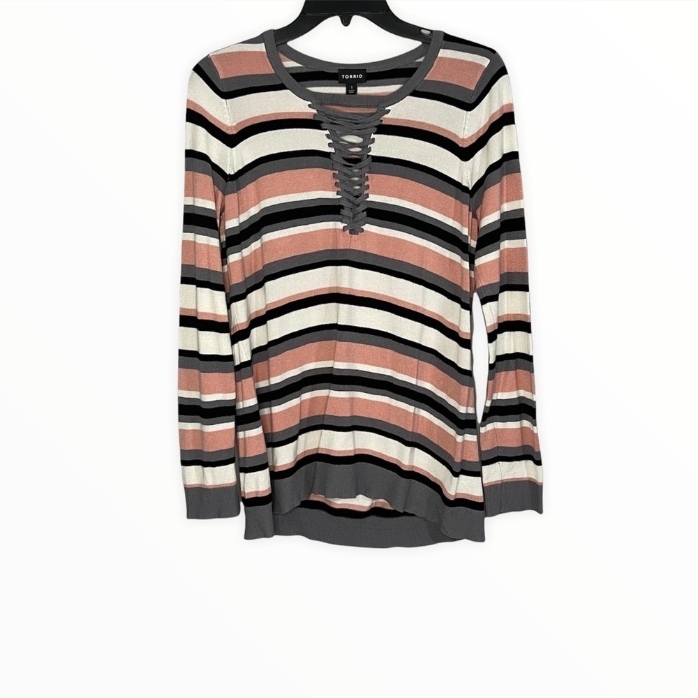Torrid Pink Gray Striped Lace Up Neck Sweater‎ Size 1X